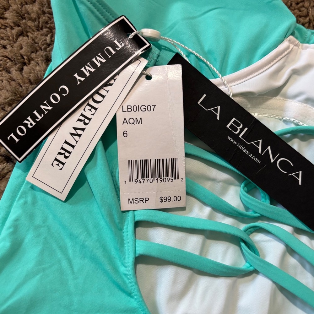 La Blanca Island Goddess Aqua Halter One Piece Swimsuit Tummy Control Size 6 NWT - Picture 7 of 11